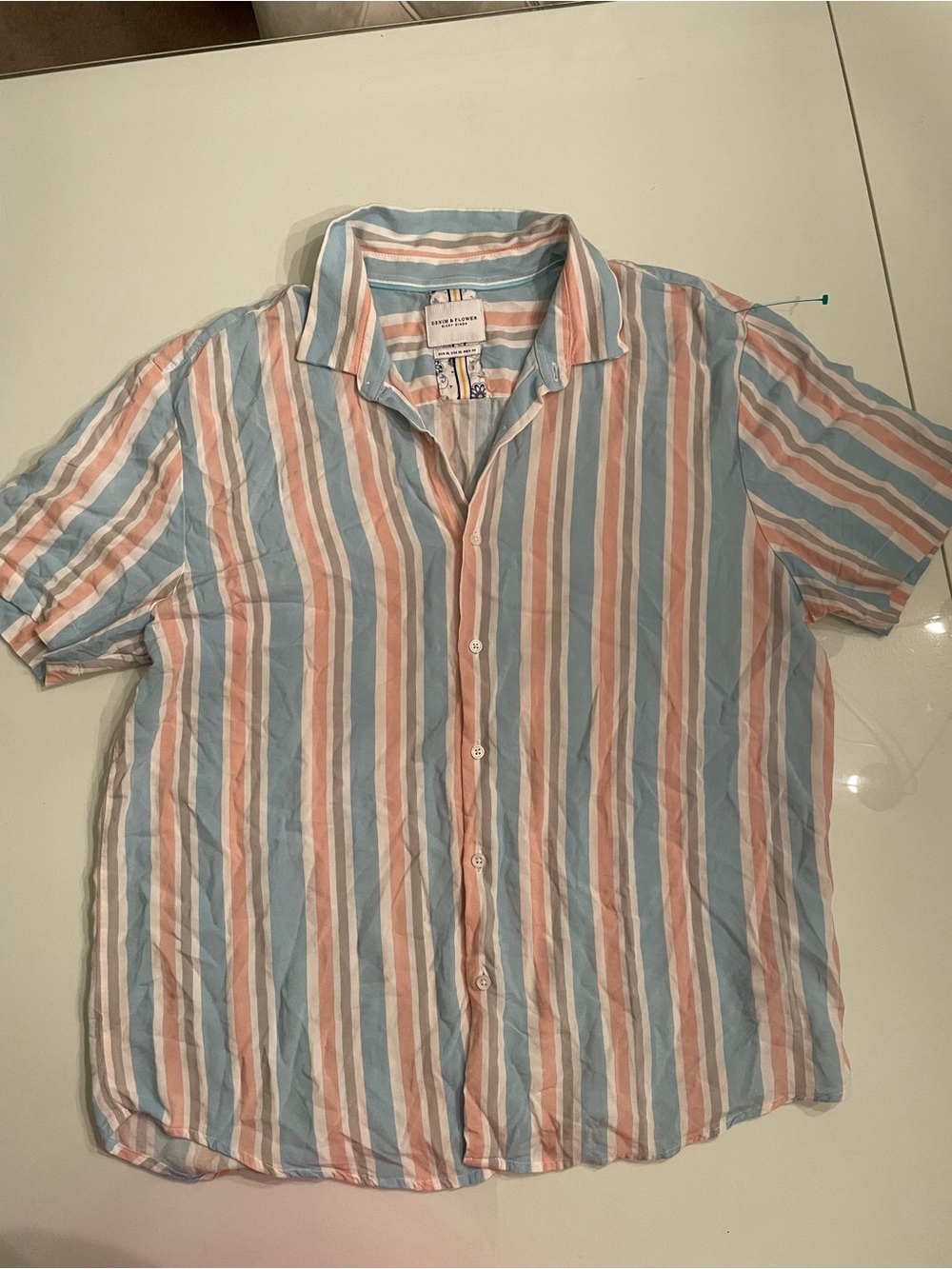 Denim & Flower Short-Sleeve Button-Down in Blue & Pink Stripes